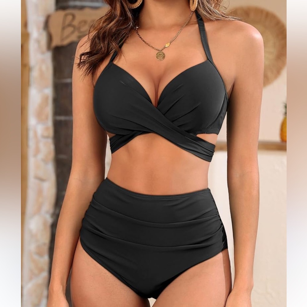 Women Cross Wrap Halter Bikini Set High Waisted Push‎ Up Two Piece Swimsuits S